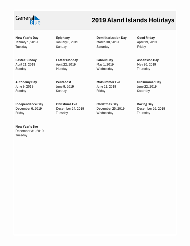 Free printable list of Aland Islands holidays for year 2019