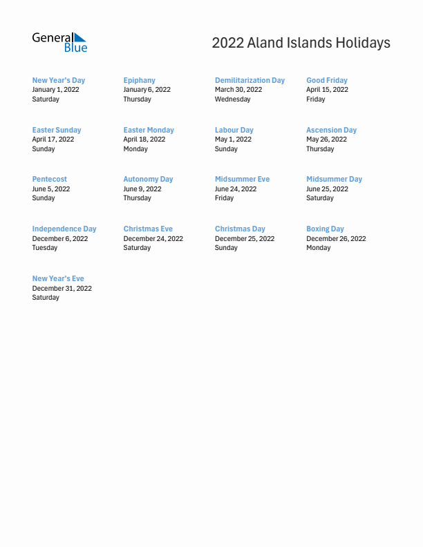 Free printable list of Aland Islands holidays for year 2022