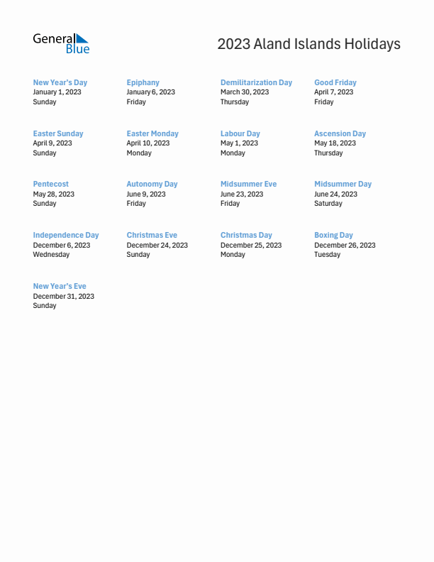 Free printable list of Aland Islands holidays for year 2023