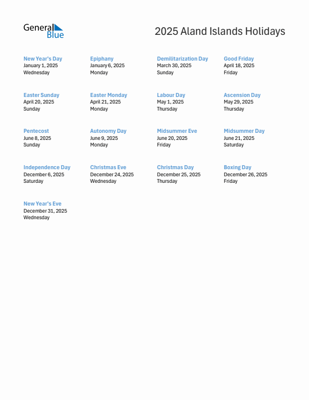 Free printable list of Aland Islands holidays for year 2025