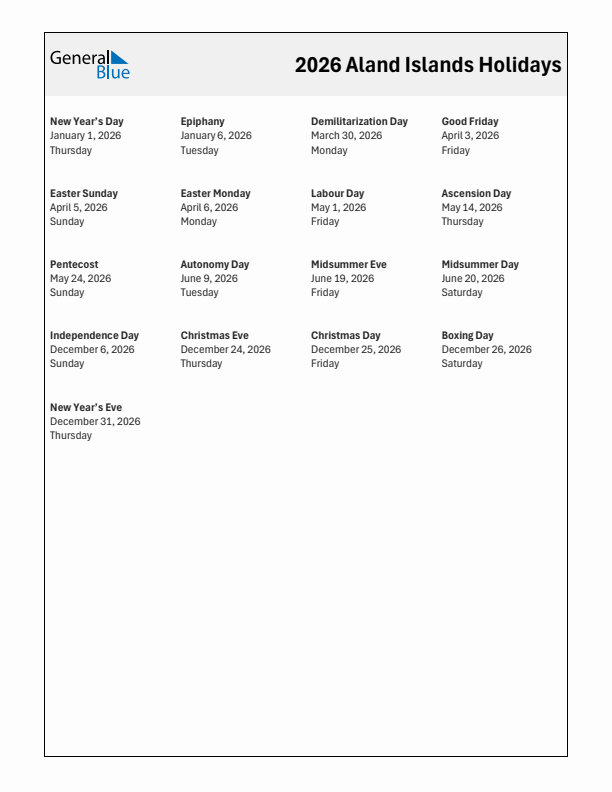 Free printable list of Aland Islands holidays for year 2026