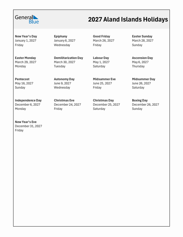 Free printable list of Aland Islands holidays for year 2027