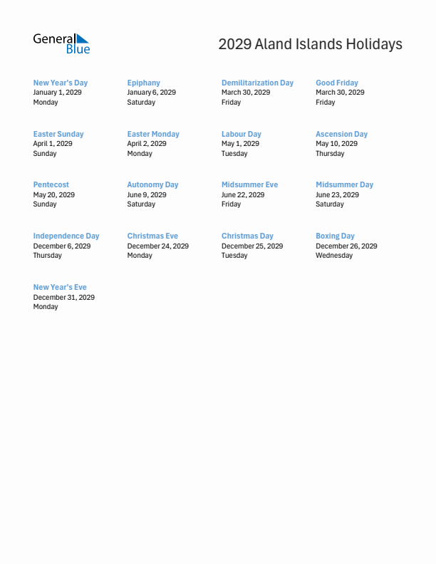 Free printable list of Aland Islands holidays for year 2029