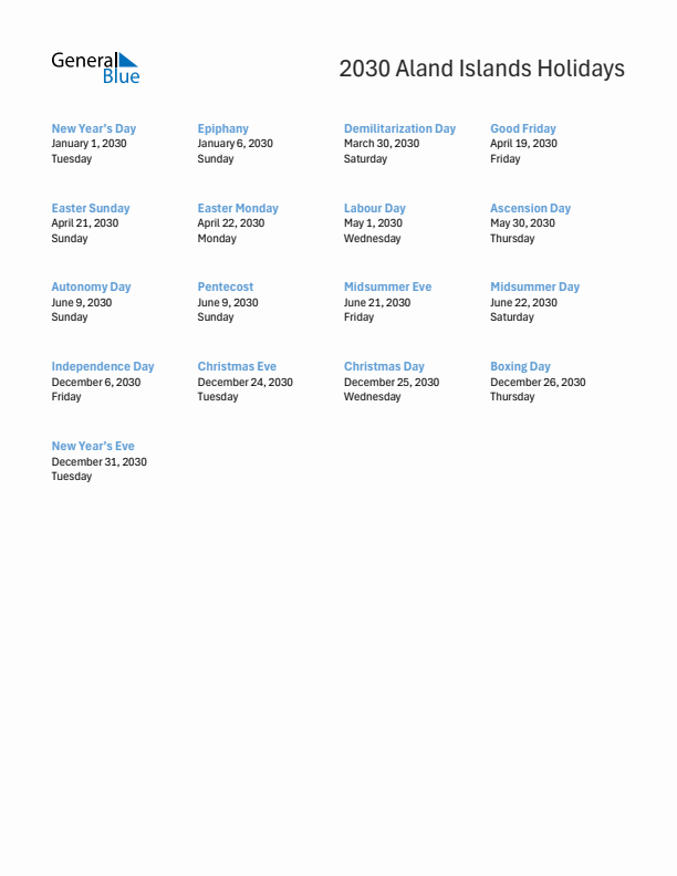 Free printable list of Aland Islands holidays for year 2030