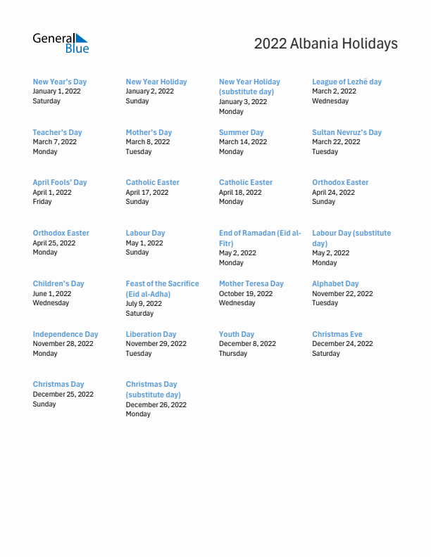 Free printable list of Albania holidays for year 2022