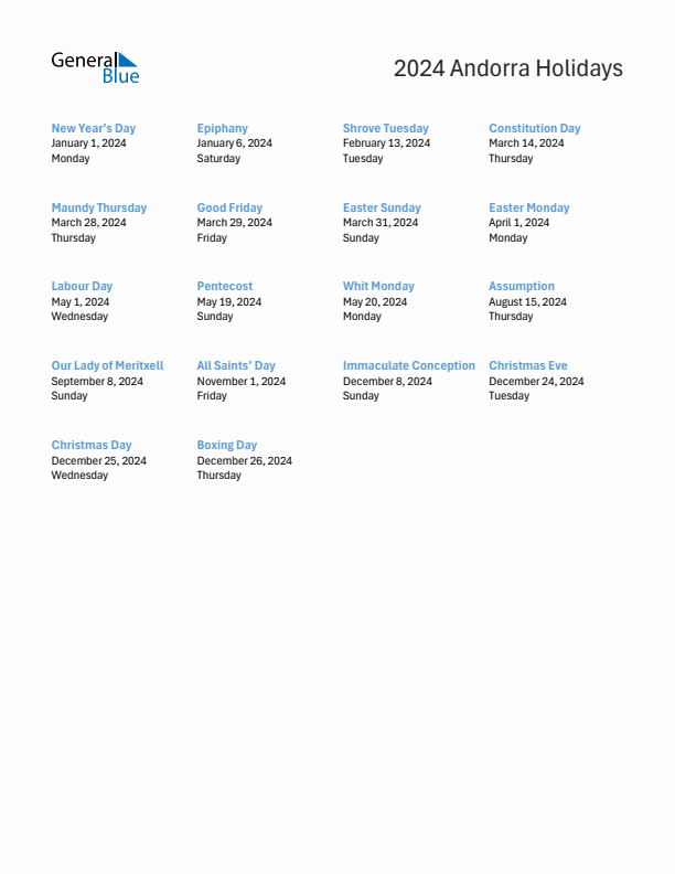 Free printable list of Andorra holidays for year 2024