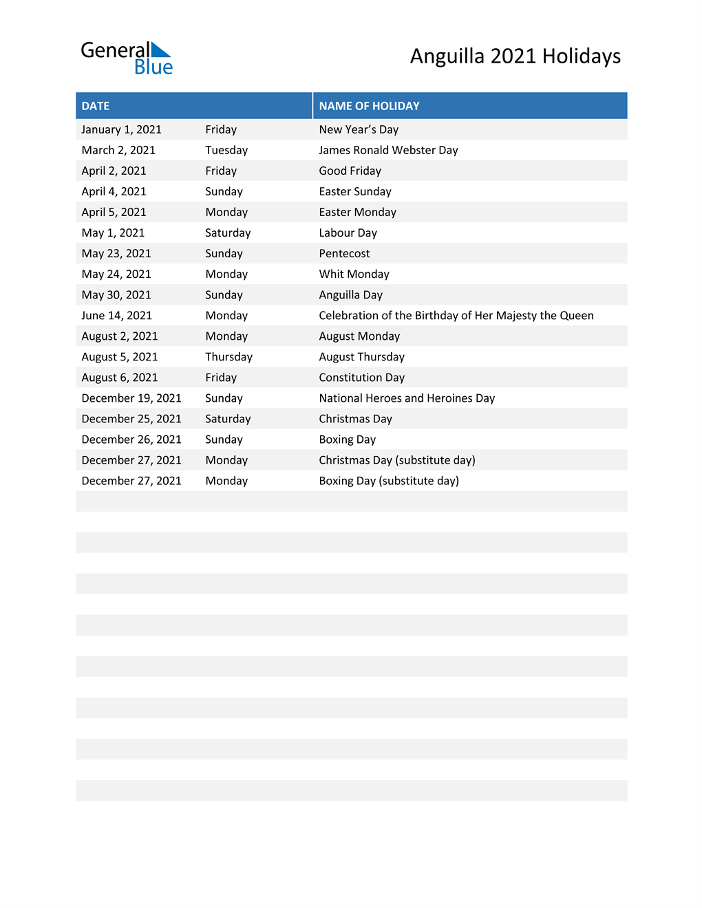 Anguilla Holidays 2021 In Pdf Word And Excel