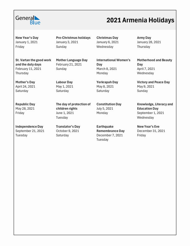 Free printable list of Armenia holidays for year 2021