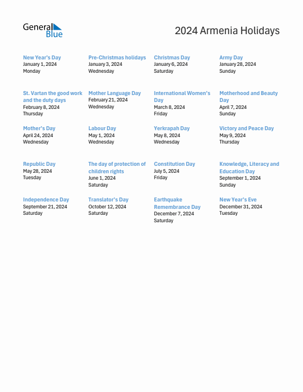 Free printable list of Armenia holidays for year 2024