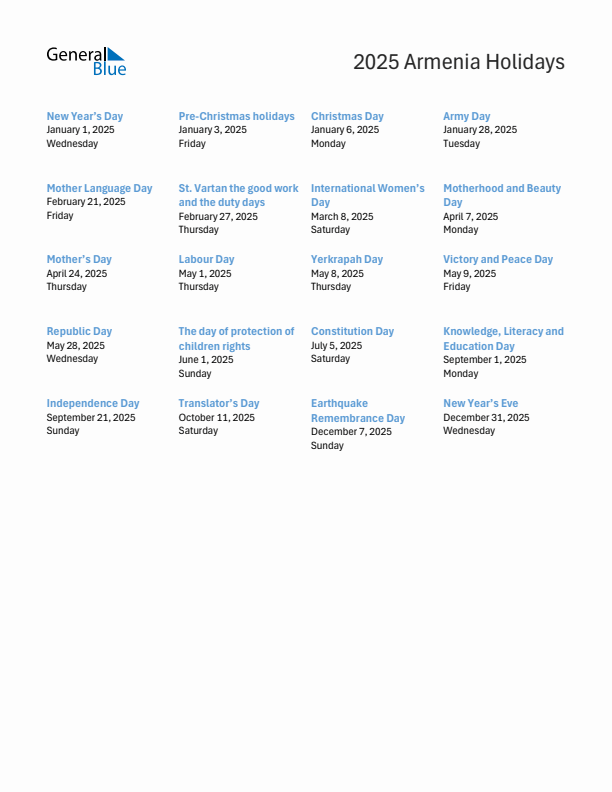 Free printable list of Armenia holidays for year 2025