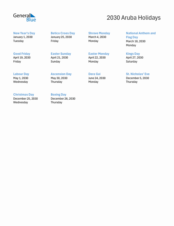 Free printable list of Aruba holidays for year 2030