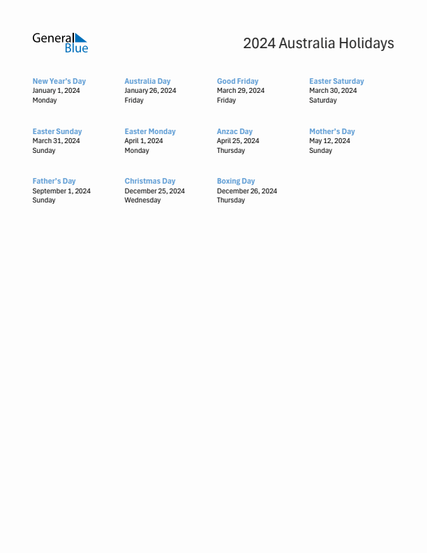 Free printable list of Australia holidays for year 2024