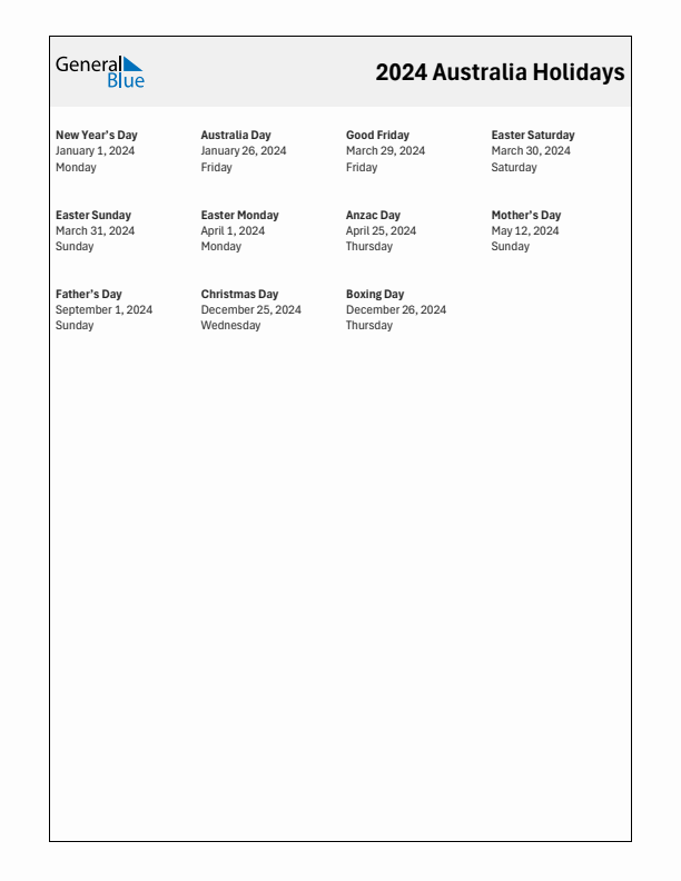 Free printable list of Australia holidays for year 2024