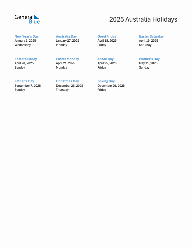 2025 Australia List of Holidays in PDF, Word, and Excel