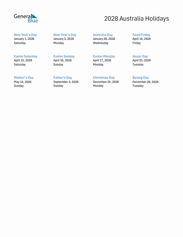 Free printable list of Australia holidays for year 2028