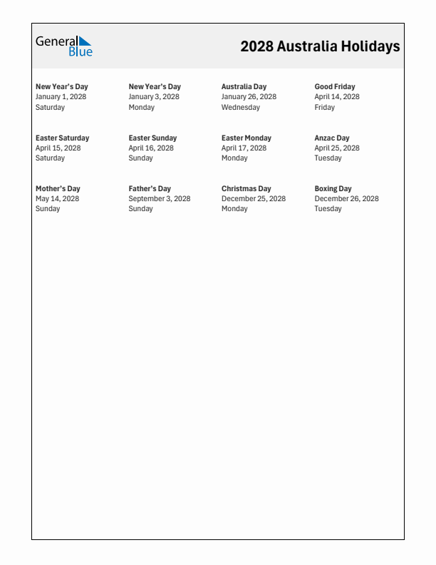 Free printable list of Australia holidays for year 2028