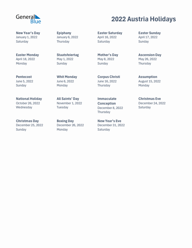 Free printable list of Austria holidays for year 2022