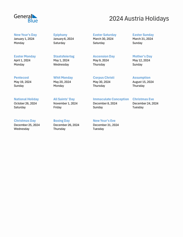 Free printable list of Austria holidays for year 2024