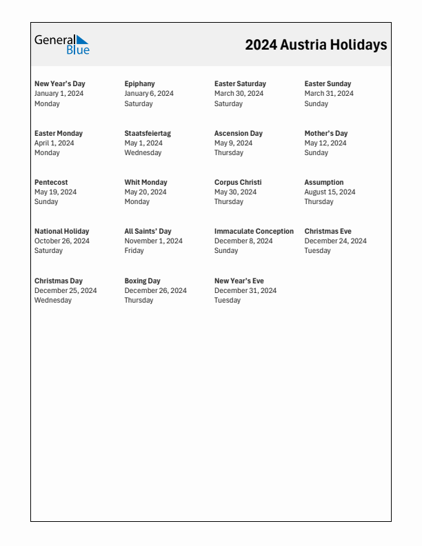 Free printable list of Austria holidays for year 2024