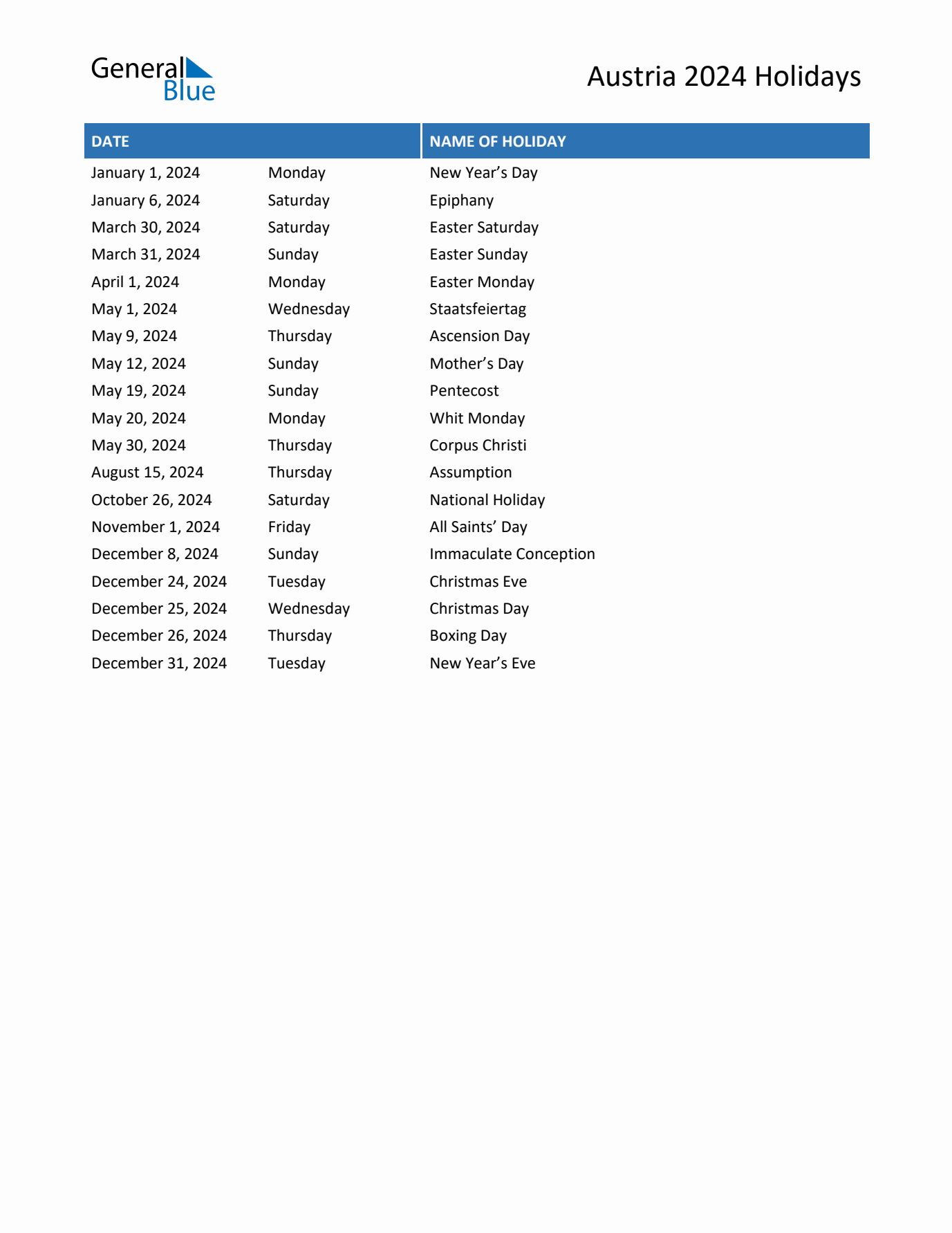 2024 Austria List of Holidays in PDF, Word, and Excel