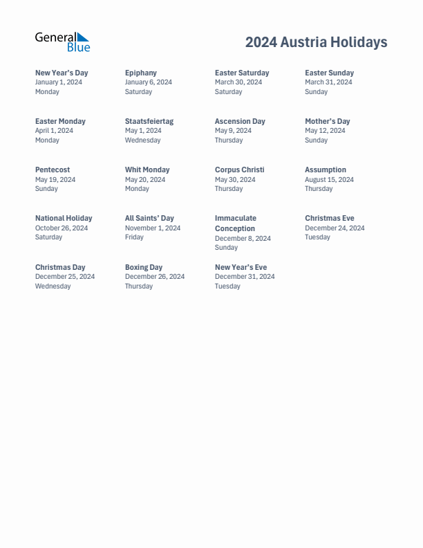 2025 Austria List of Holidays in PDF, Word, and Excel