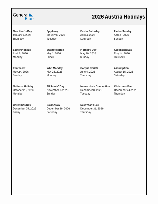 Free printable list of Austria holidays for year 2026