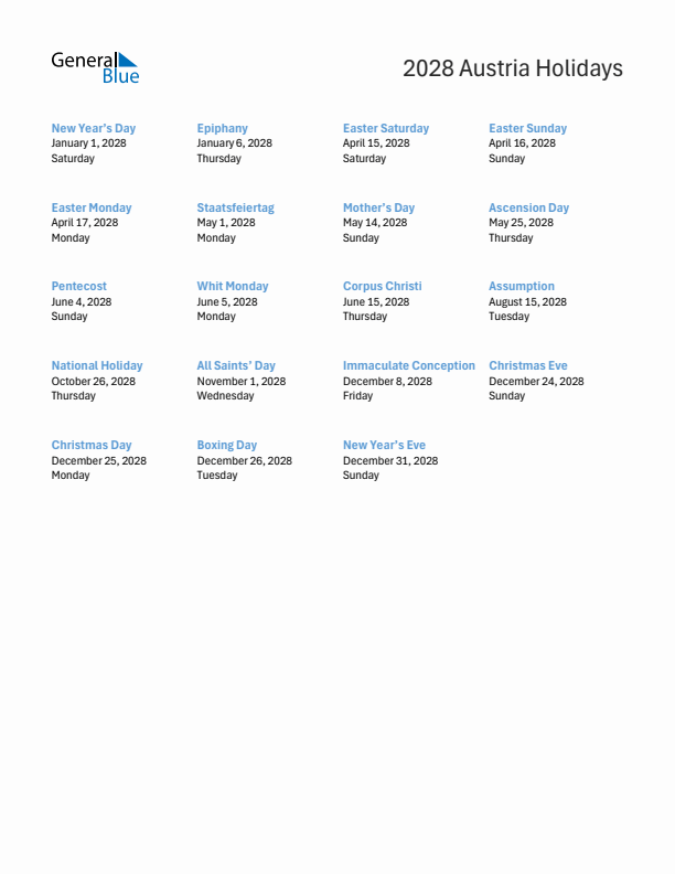 Free printable list of Austria holidays for year 2028