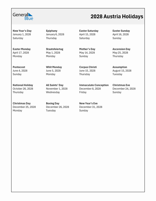 Free printable list of Austria holidays for year 2028