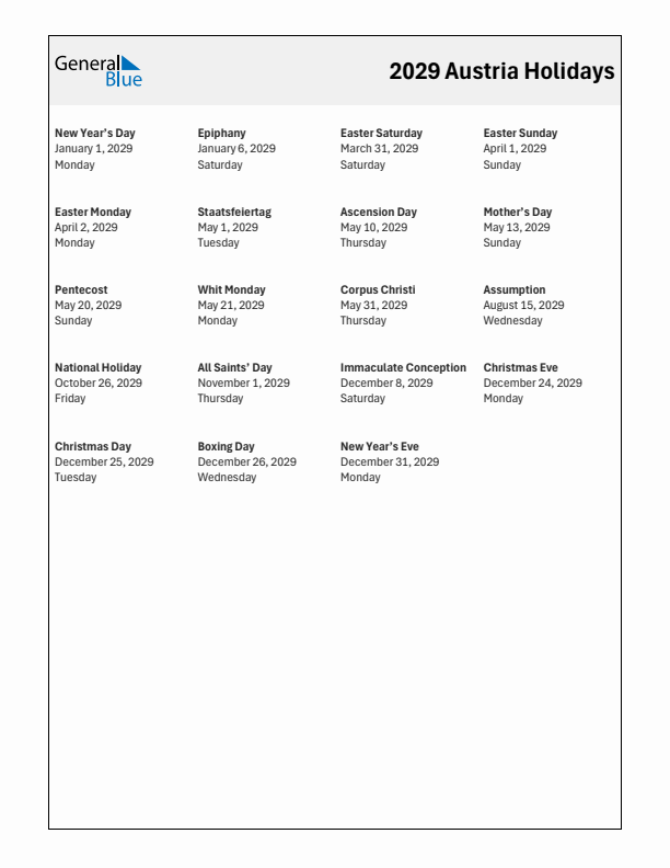 Free printable list of Austria holidays for year 2029