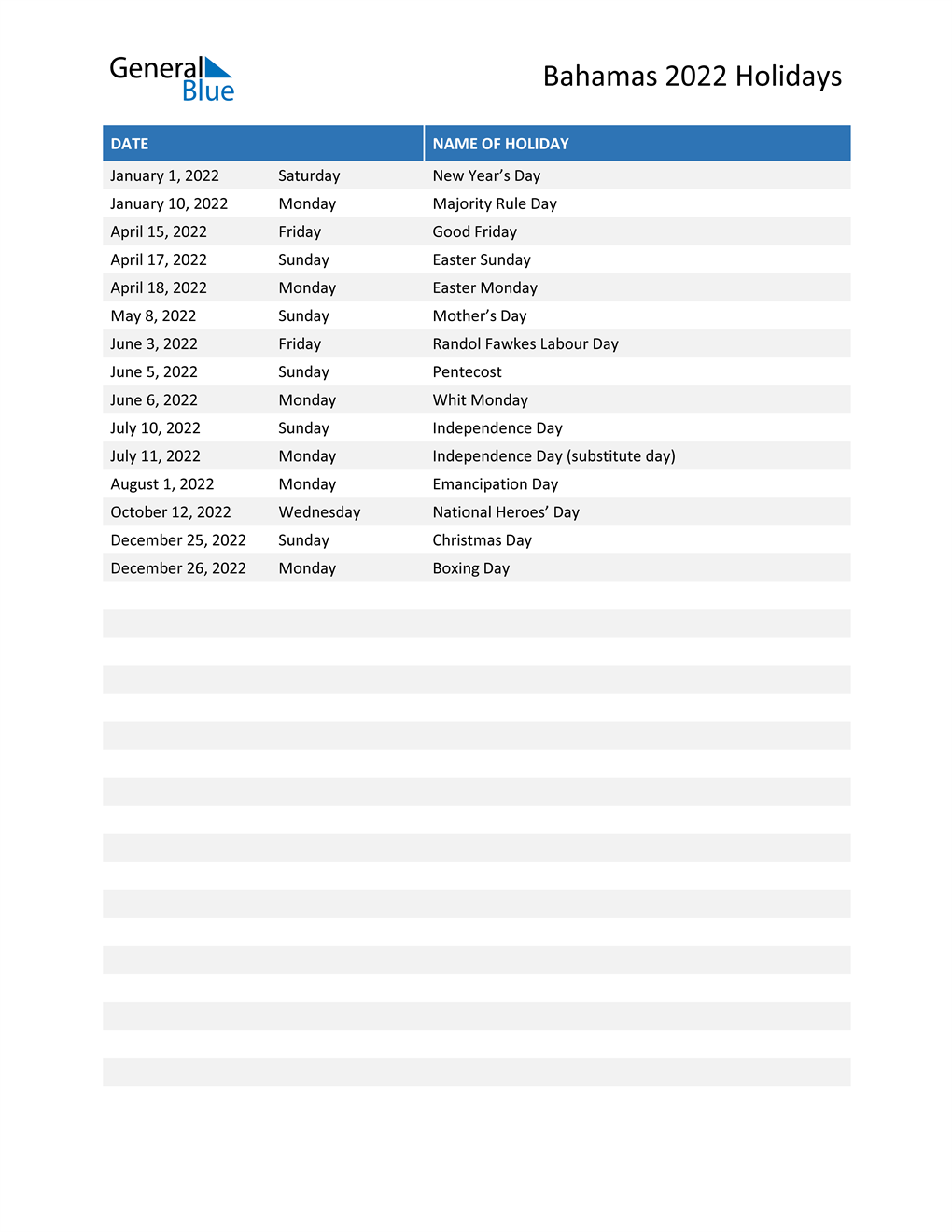 Bahamas Holidays 2022 in PDF, Word and Excel