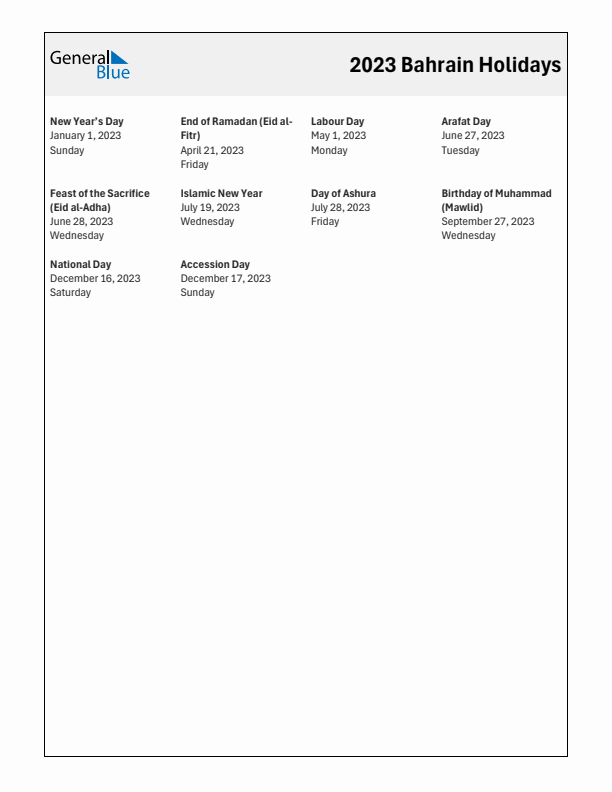 Free printable list of Bahrain holidays for year 2023