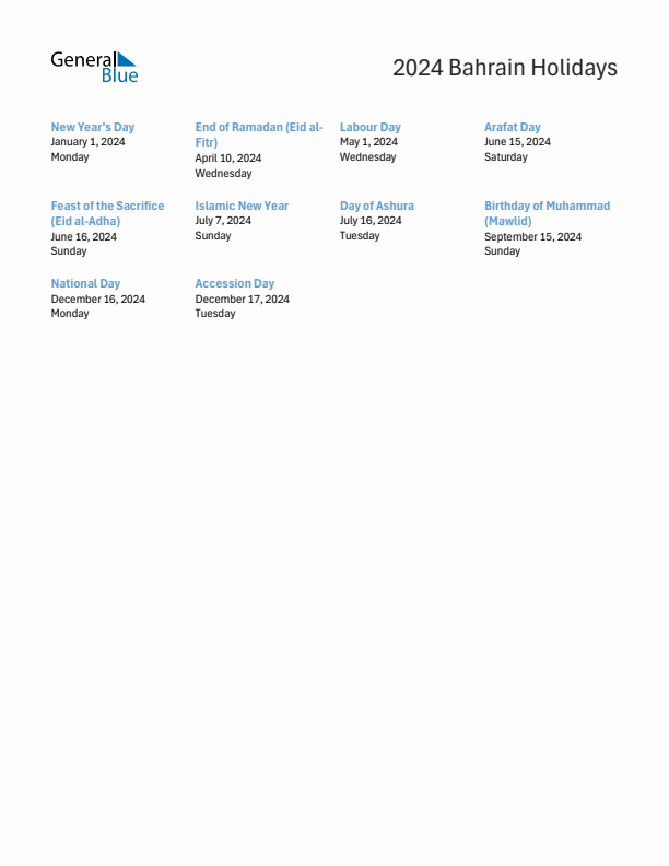 Free printable list of Bahrain holidays for year 2024