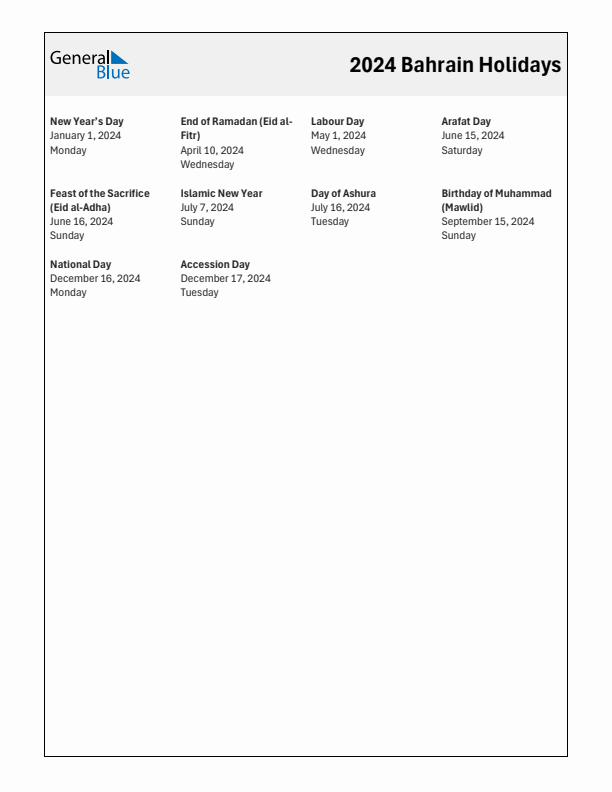 Free printable list of Bahrain holidays for year 2024