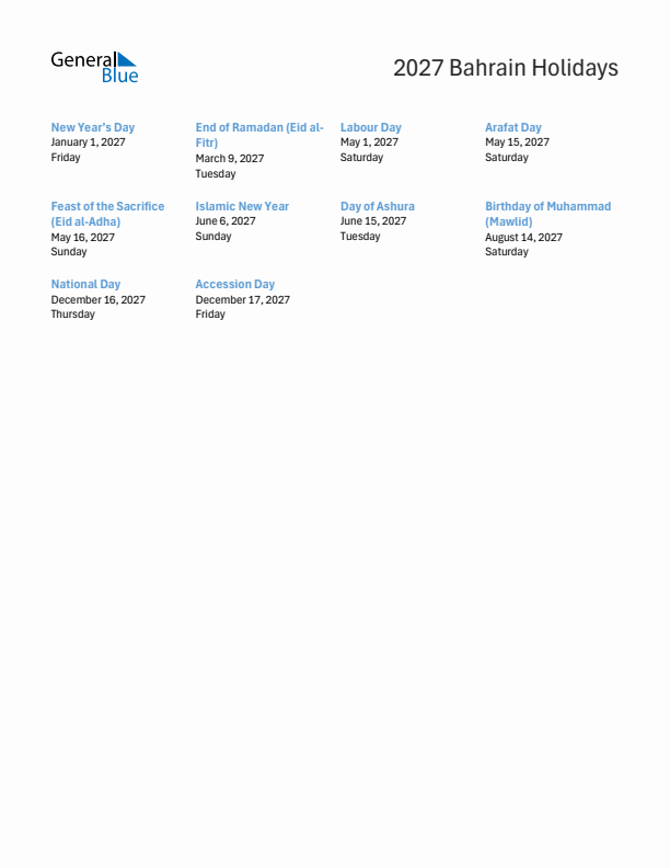 Free printable list of Bahrain holidays for year 2027