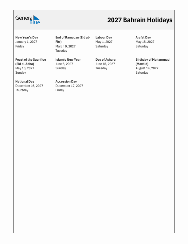 Free printable list of Bahrain holidays for year 2027