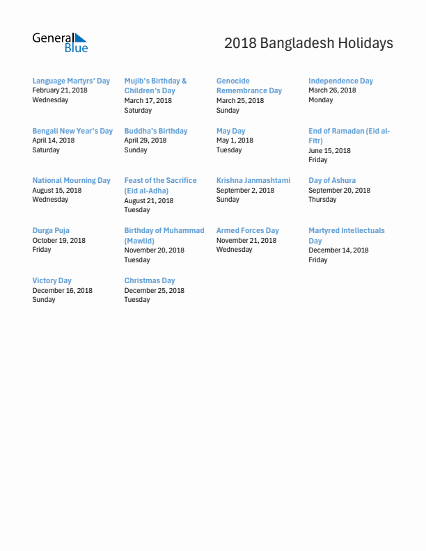 Free printable list of Bangladesh holidays for year 2018