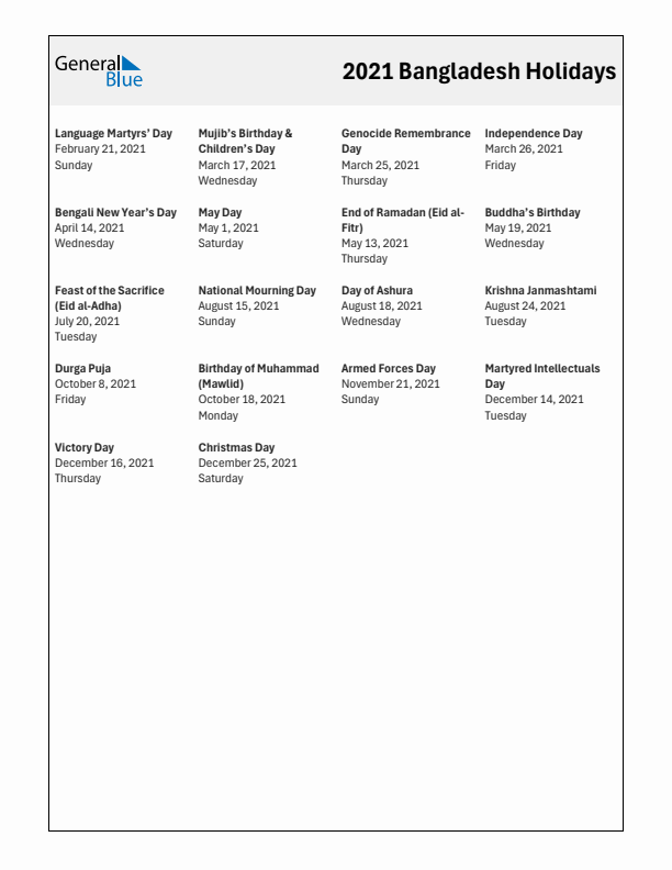 Free printable list of Bangladesh holidays for year 2021