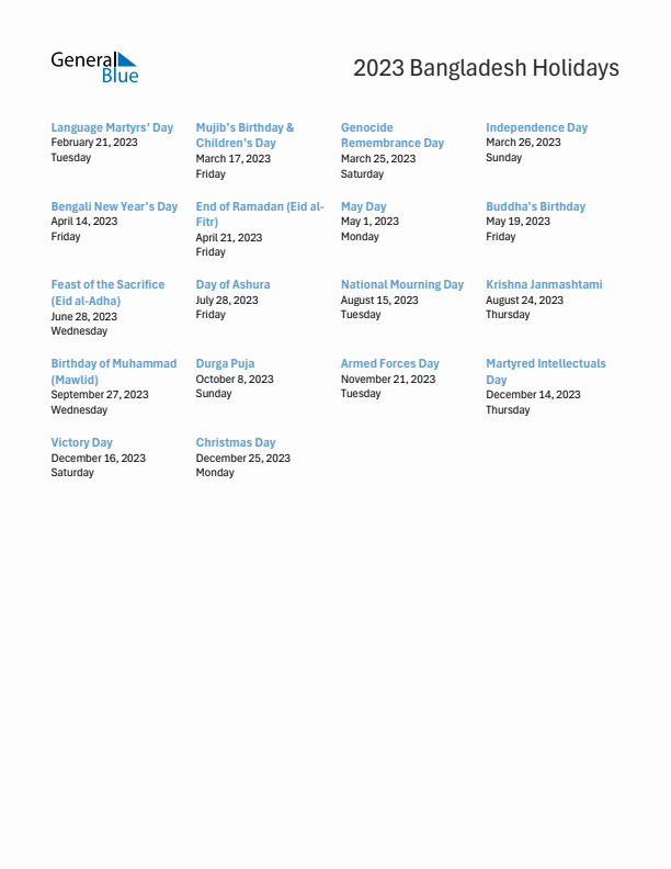 Free printable list of Bangladesh holidays for year 2023