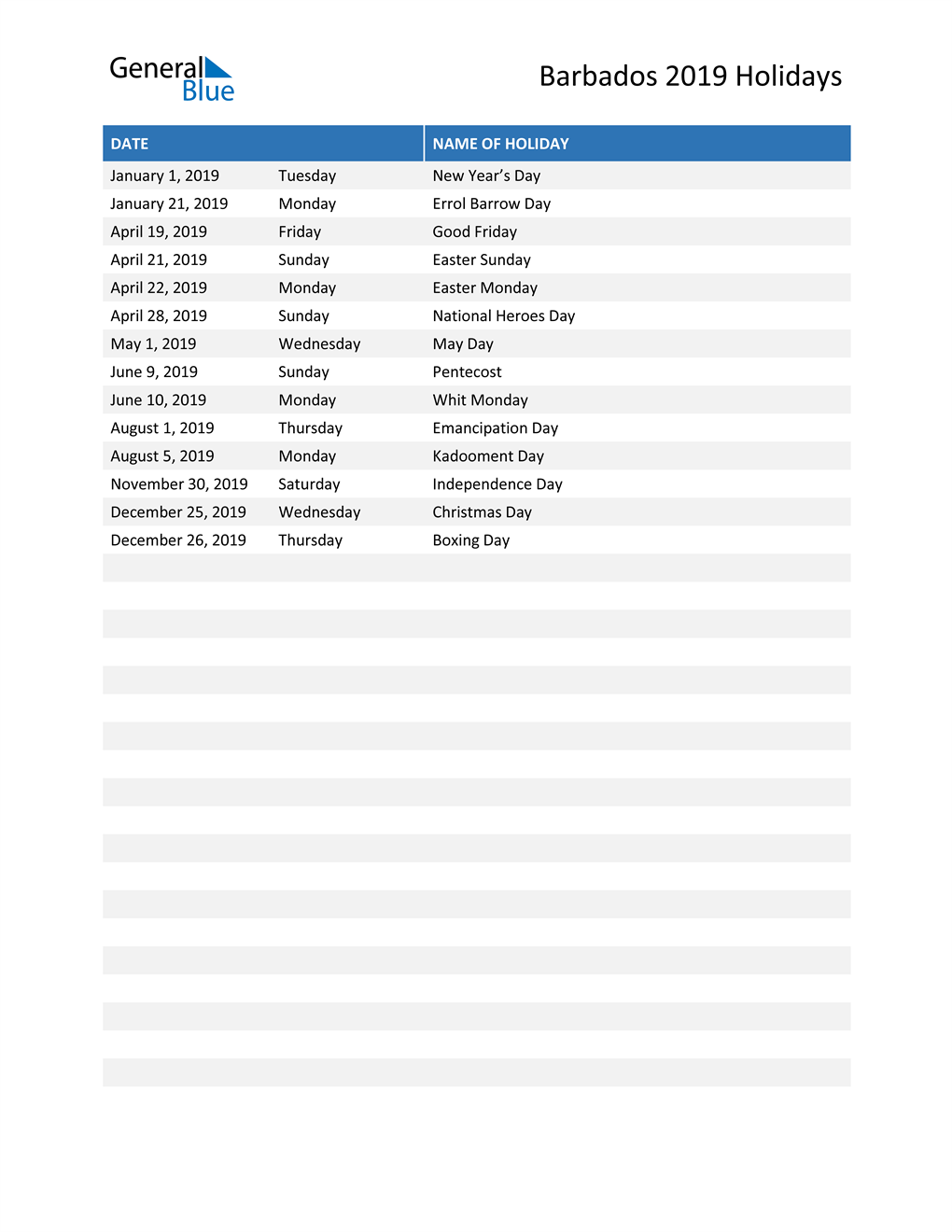 Barbados Holidays 2019 in PDF, Word and Excel