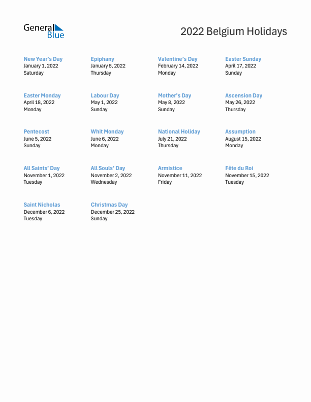 Free printable list of Belgium holidays for year 2022