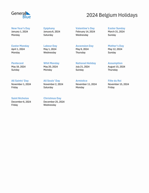 Free printable list of Belgium holidays for year 2024