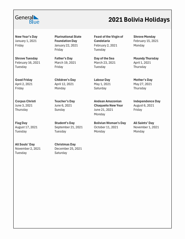 Free printable list of Bolivia holidays for year 2021