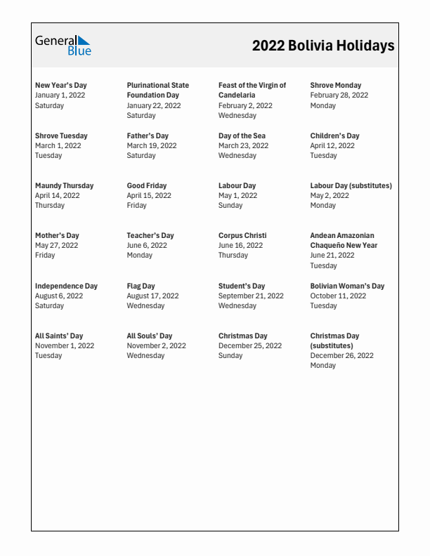 Free printable list of Bolivia holidays for year 2022