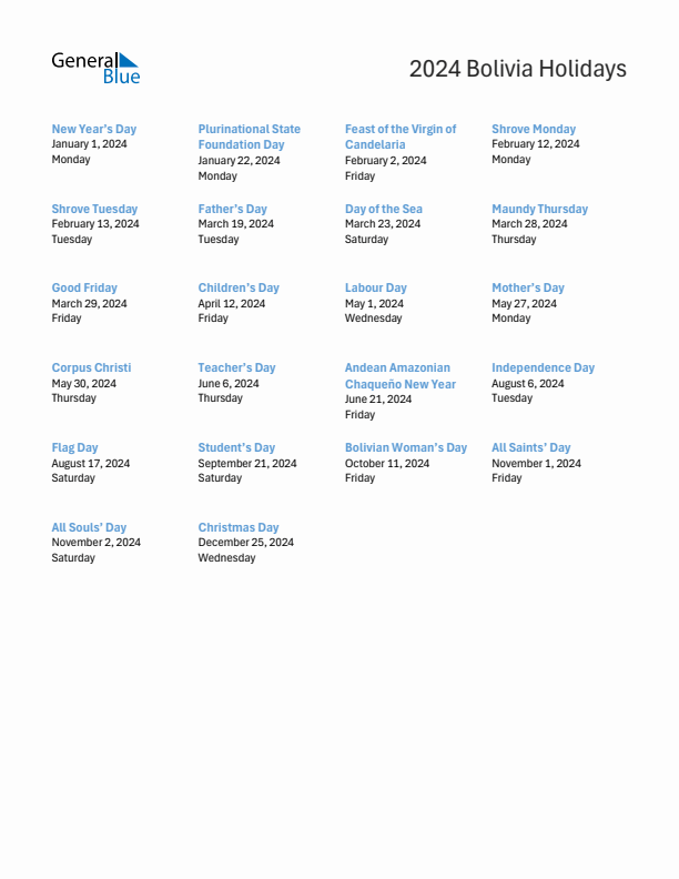 Free printable list of Bolivia holidays for year 2024