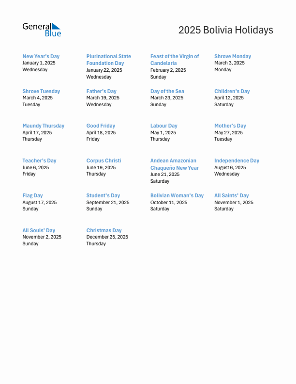 Free printable list of Bolivia holidays for year 2025