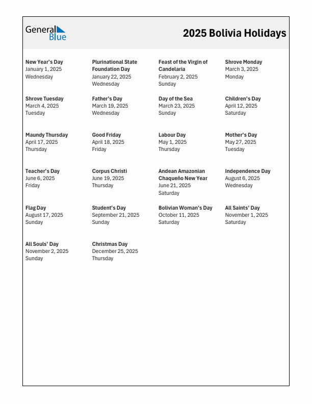 Free printable list of Bolivia holidays for year 2025