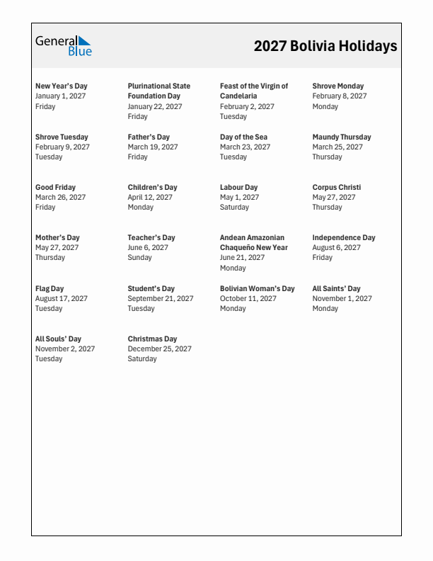 Free printable list of Bolivia holidays for year 2027