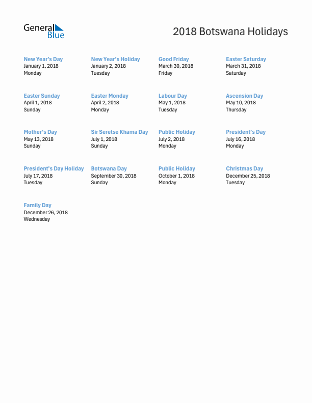 Free printable list of Botswana holidays for year 2018
