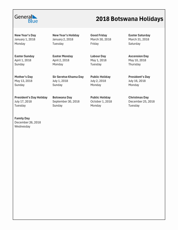 Free printable list of Botswana holidays for year 2018