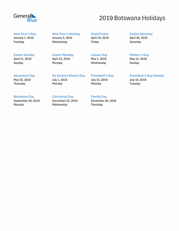 Free printable list of Botswana holidays for year 2019